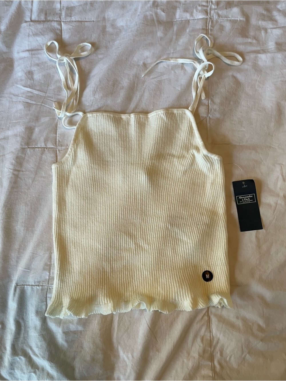 Abercrombie & Fitch Cream Ribbed Tie-Shoulder Tank Size Medium